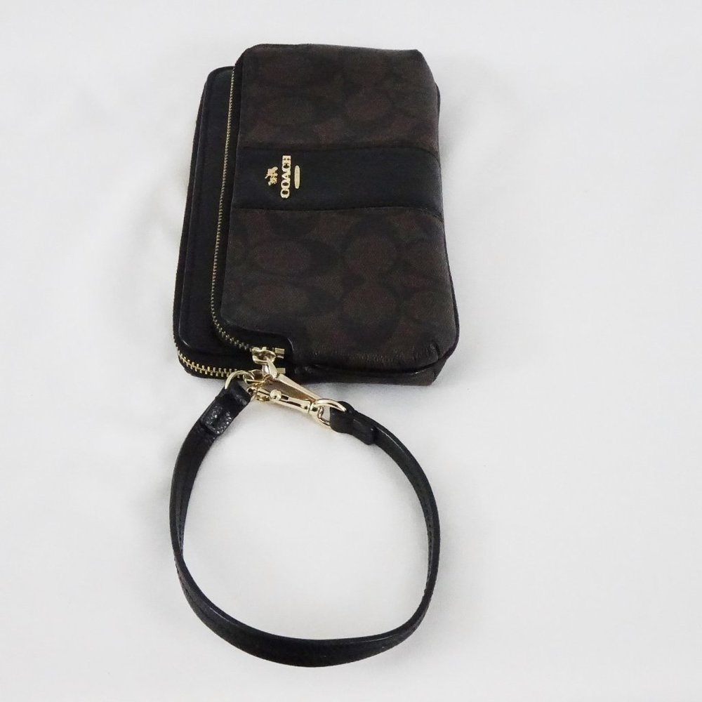 Coach Signature Double Zip Wristlet / Wallet PVC Leather F52848 Brown Black - Picture 3 of 11